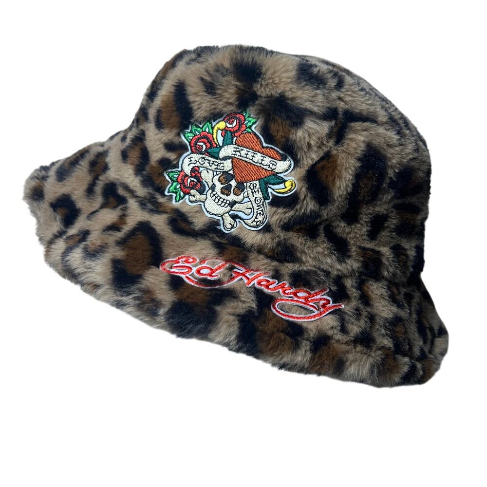 Ed Hardy Faux Fur Leopard Bucket Hat Embroidered Skull Love Kills Slowly Retro